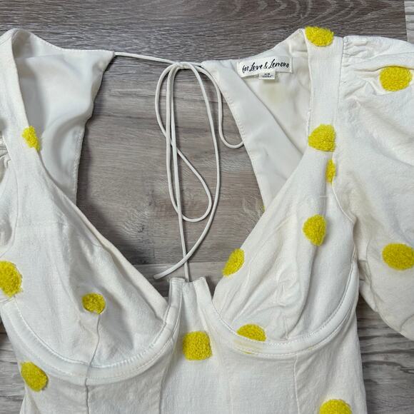 For Love & Lemons Puff Sleeve Mini Dress White Yellow Polka Dot Open Back XS - Picture 4 of 11